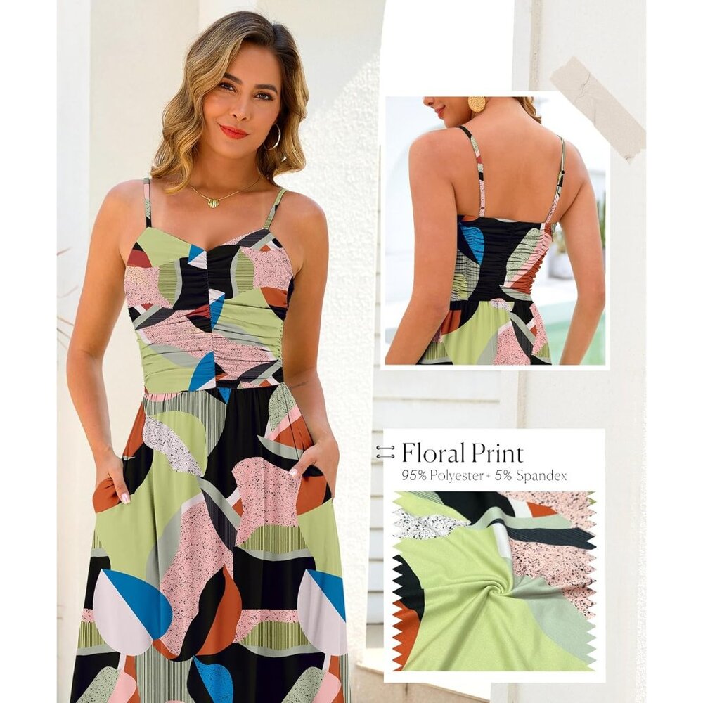 Women's Multi Color Floral Adjustable Spaghetti Strap Floral Beach Long Maxi - Picture 6 of 6